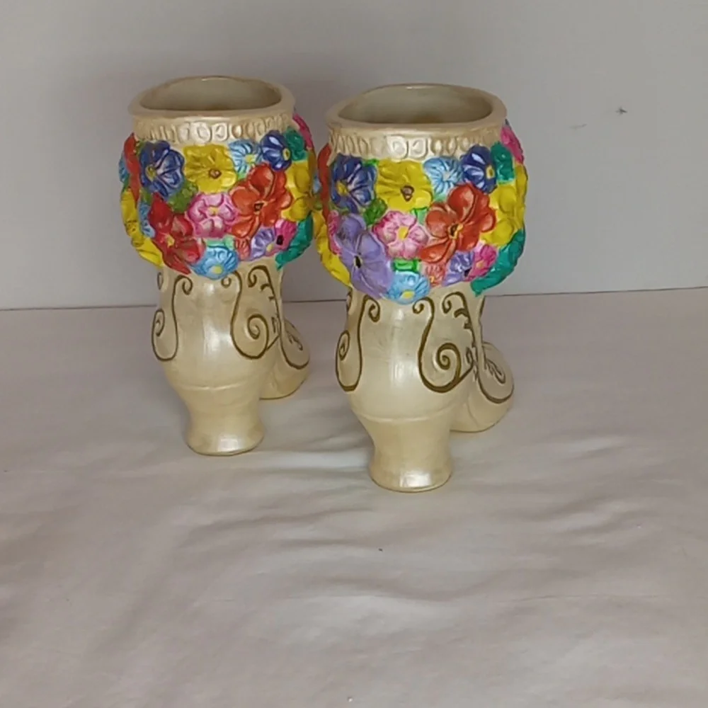Vintage Pair Ceramic Colorful Floral Embellished Victorian Boot Shaped Vases